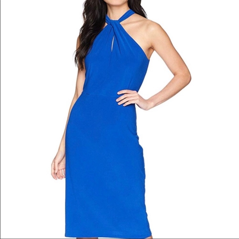 Petite Twist Neck Keyhole Midi Sheath Blue Dress